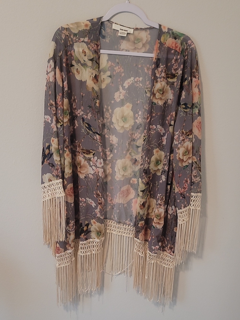 Sans Souci Floral Sheer Kimono with Cream Fringe